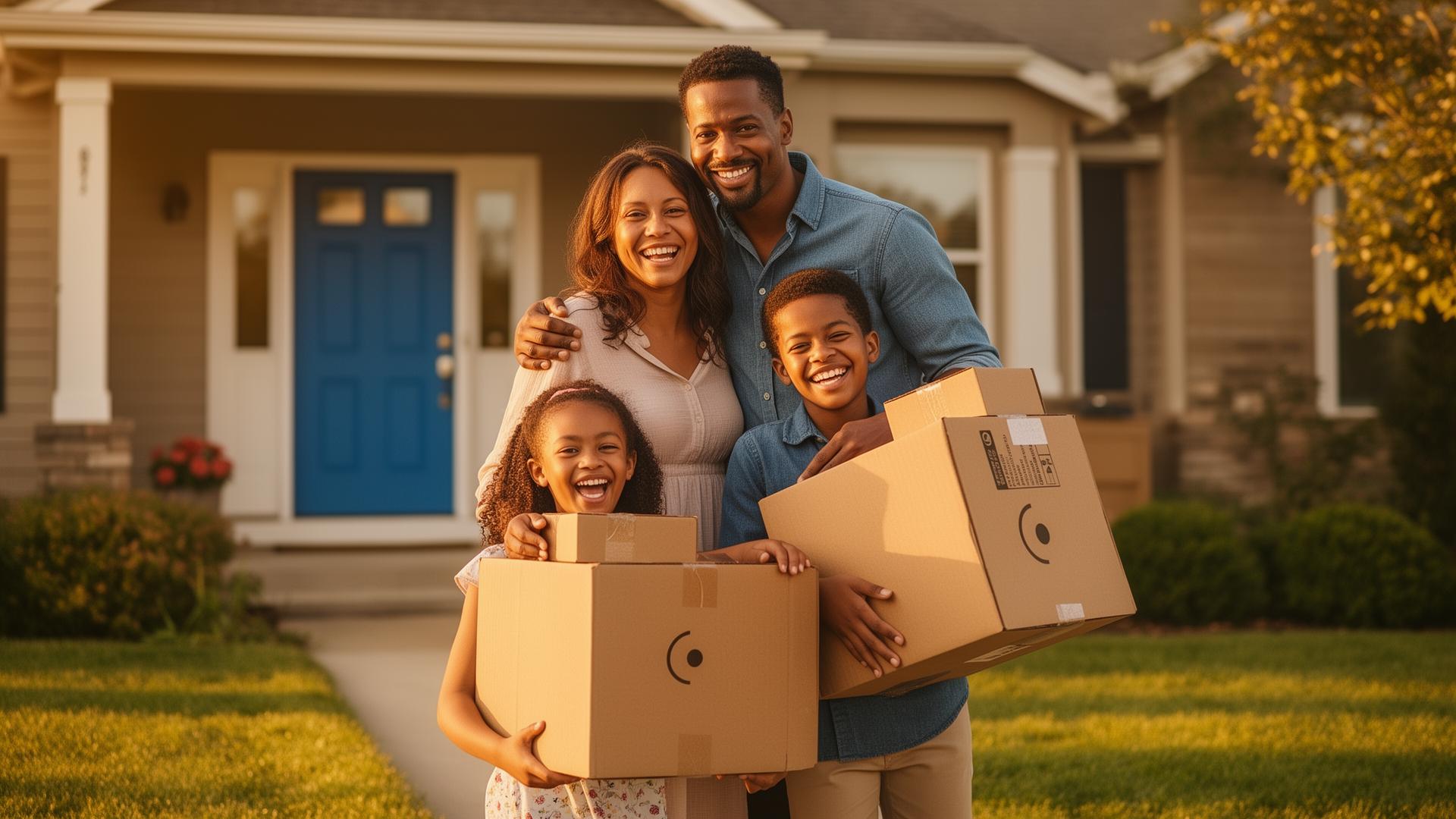 Happy family with moving boxes in front of their new home with a blue door