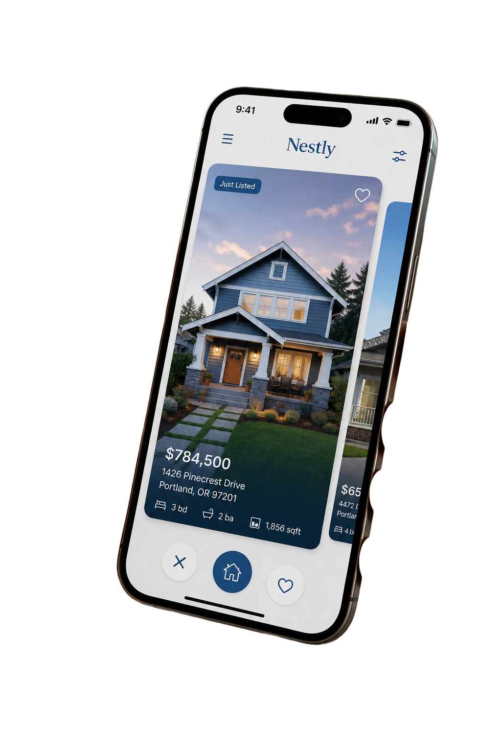 Nestly app on iPhone showing a beautiful craftsman home listing